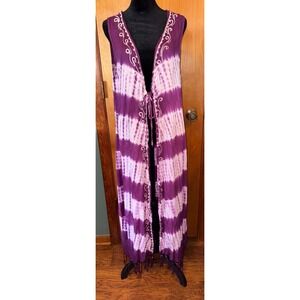 Beach by Exist Purple Tie Dye Embroidered Fringe Long Duster Cover Up One Size